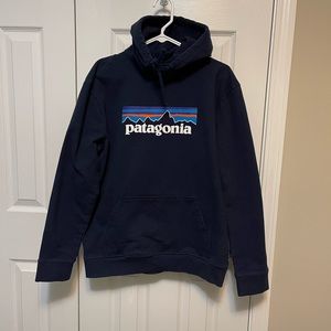 Patagonia Navy Blue Hoodie with Multicolor Logo